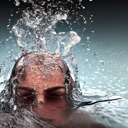 Prompt: water splashes forming a shape of a human head, ray tracing, realistic water sharp focus, long shot, 8 k resolution, cinematic