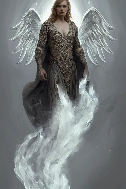 Image similar to Full body potrait of Vesa Matti Loiri as and angel , angel is split in two with smoke, fantasy, intricate, elegant, highly detailed, digital painting, artstation, concept art, smooth, sharp focus, illustration, art by Ilja Repin