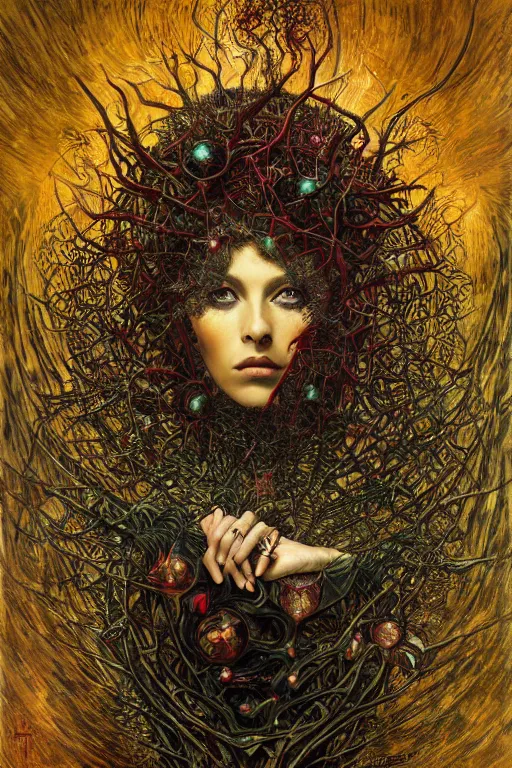 Prompt: Heart of Thorns by Karol Bak, Jean Deville, Gustav Klimt, and Vincent Van Gogh, Surreality, otherworldly, infernal enigma, Helliquary, fractal structures, celestial, arcane, ornate gilded medieval icon, third eye, spirals, dramatic sharp thorns, rich deep moody colors