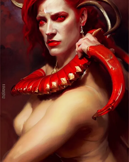 Image similar to painted close - up portrait of an attractive red - skinned intimidating demon queen with ram horns. oil painting, wearing a noblewoman's outfit, fantasy art by greg rutkowski and john singer sargent and gaston bussiere, demon noble character design