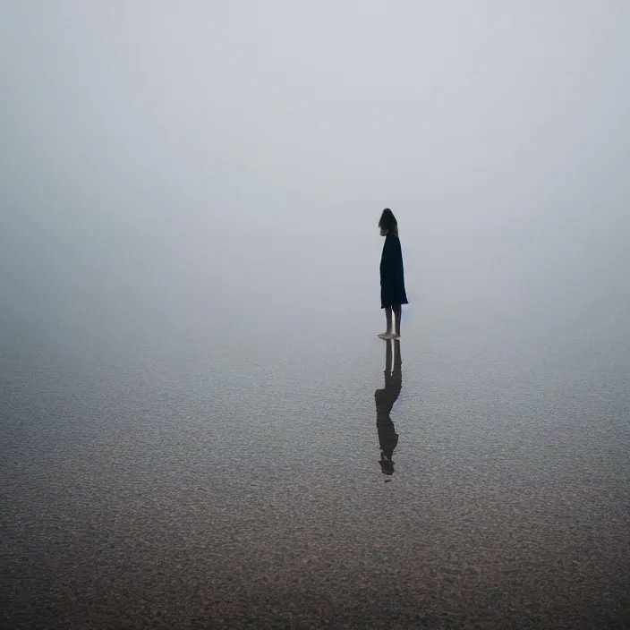 Prompt: a woman, standing in shallow endless water, foggy, backlit, backlit, photo by Marat Safin, Canon EOS R3, f/1.4, ISO 200, 1/160s, 8K, RAW, unedited, symmetrical balance, in-frame