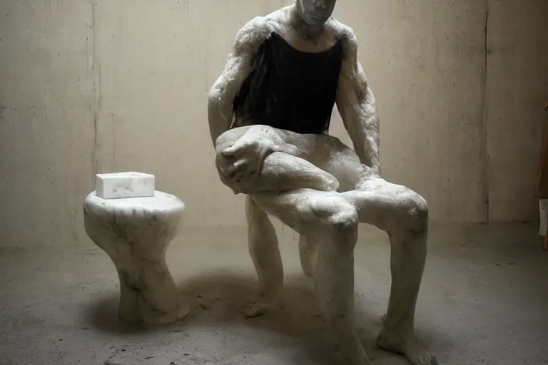 Image similar to a sculpture of a person sitting on a chair, a white marble sculpture covered with floating wax by nicola samori, behance, neo - expressionism, marble sculpture, apocalypse art, made of mist