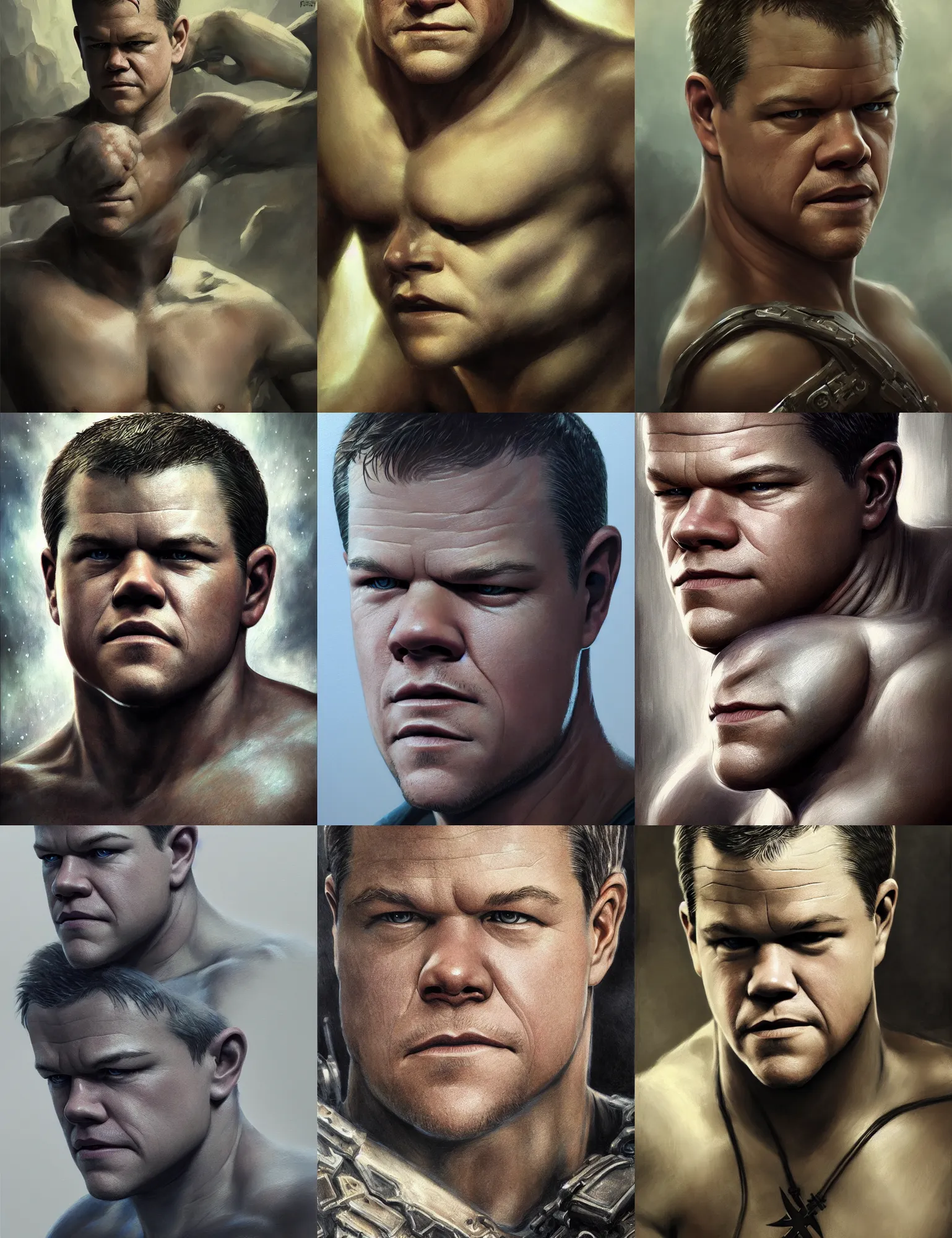 Prompt: matt damon, closeup portrait, sci fi, fantasy, intricate, with german iron cross on bare chest, stoic, loin cloth, highly detailed, oill painting, artstation, concept art, matte, sharp focus, painting by frazetta and peter chung