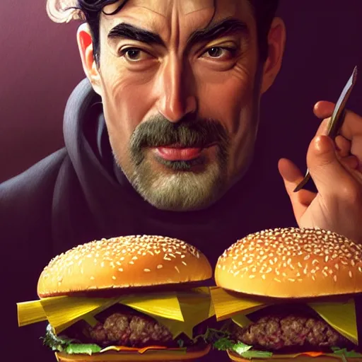 Prompt: portrait of Gregory Peck eating hamburgers, extra onions and ketchup, luscious patty with sesame seeds, feminine ethereal, handsome, D&D, fantasy, intricate, elegant, highly detailed, digital painting, artstation, concept art, matte, sharp focus, illustration, art by Artgerm and Greg Rutkowski and Alphonse Mucha