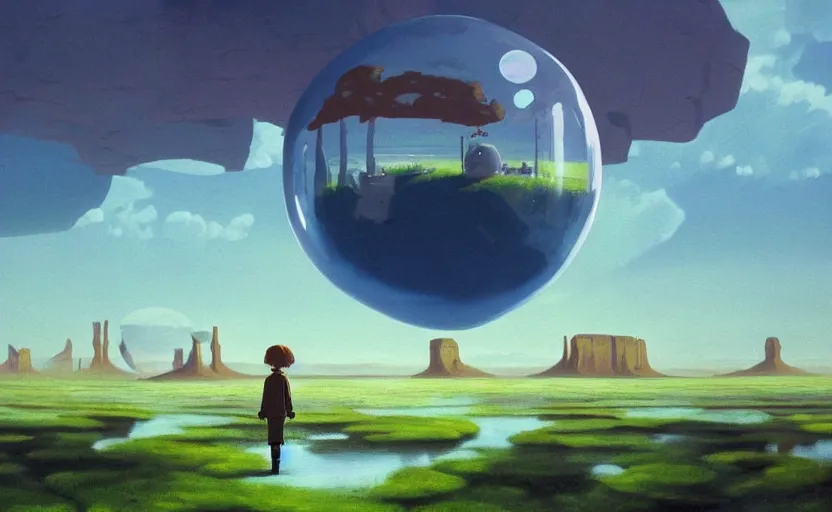 Image similar to hyperrealist painting of a cube inside a giant transparent bubble from howl's moving castle ( 2 0 0 4 ) in a flooded monument valley stonehenge jungle. 1 9 7 0 s science fiction, moody, misty, depth perception, 4 k, artstation, in the style of studio ghibli