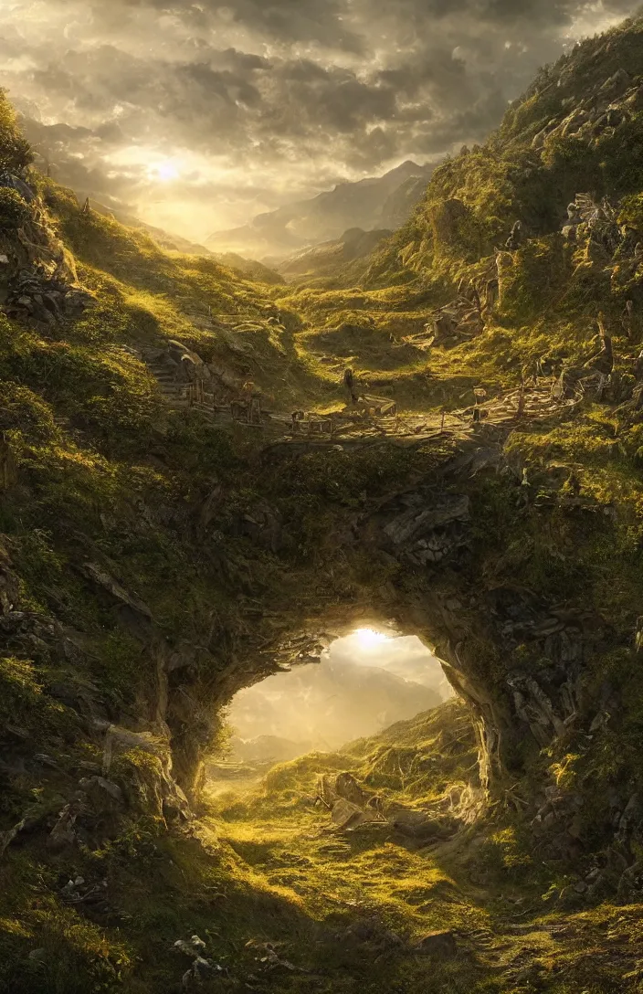 Image similar to a highly detailed light portal within a swiss landscape, detailed, hyperreal phantastic, intricate details in environment, luminance, golden ratio, high aestehtic, cinematic light dramatic light, godrays, distance, photobash, wideangle, terrence malick, hyperreal 4 k