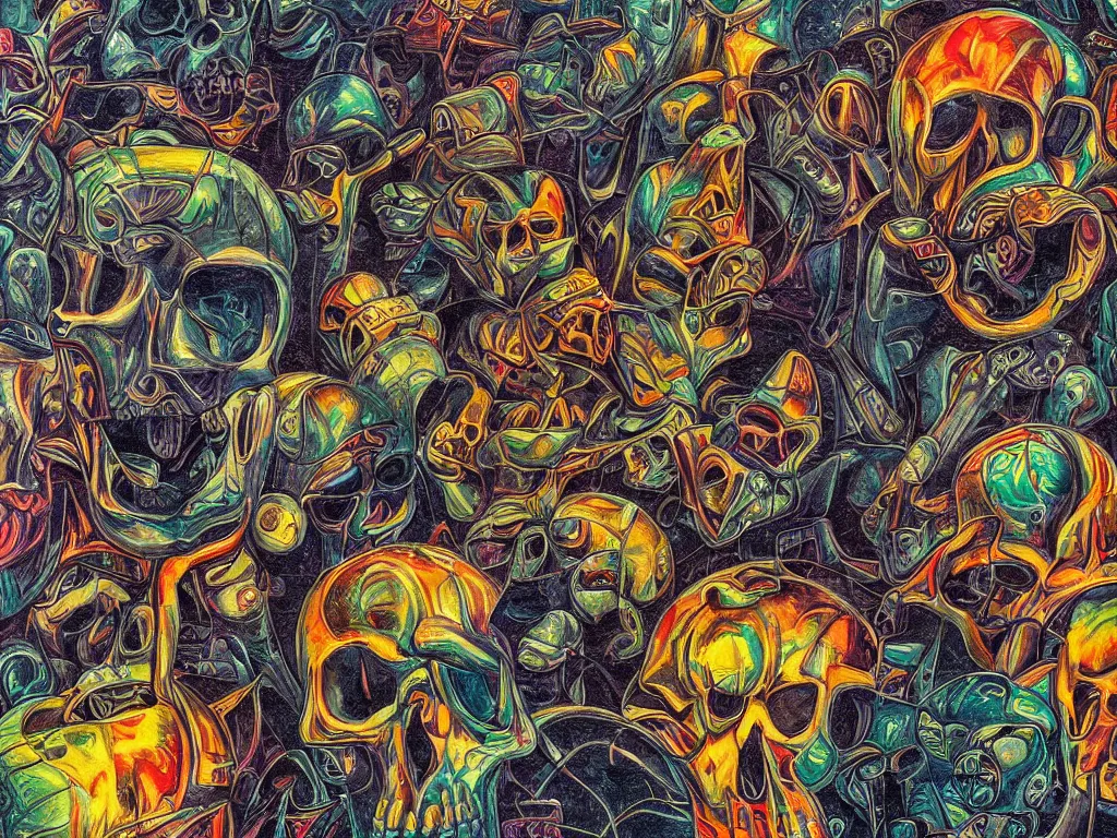 Image similar to technopathic skulls, high detail, highly abstract, vivid colors, a little bit touch of M. C. Escher