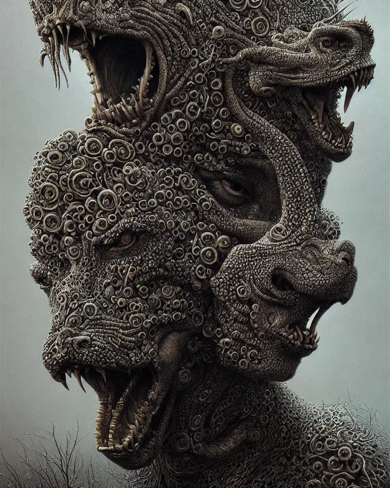 Image similar to ultra realist intricate detailed portrait of an attractive female turning into an animal, insanity, accurate features, apocalyptic, very intricate details, 8 k resolution, dim lighting, volumetric lighting, artstyle, zdzisław beksinski and keith thompson, award winning