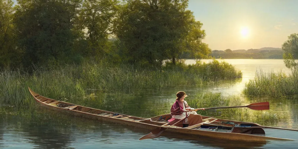 Prompt: a beautiful lake landscape in summer, romantic ambiente, rowing boat, no people, tall grown reed on riverbank, no mountains, clear sky, sunshine, colorful, by Mohrbacher and Moebius and Alphonse Mucha and Roger Deakins, cinematic lighting, masterpiece, highly detailed, 8k resolution, trending on art station