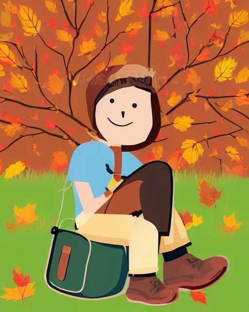 Prompt: autumn hillside boy with camping bag illustration light color