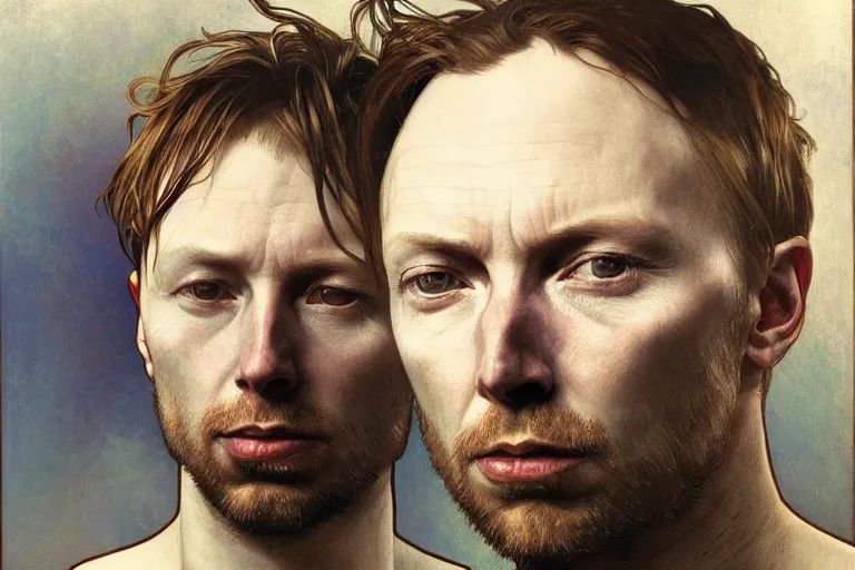 Prompt: hyper realistic portrait of thom ( yorke ) singer songwriter, side, liminal space, by lee bermejo, alphonse mucha and greg rutkowski