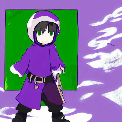 Prompt: cute little boy wearing an skull mask and dressed in an nun outfit, purple color palette, inspired in made in abyss and hirohiko araki, ray tracing, featured in pixiv