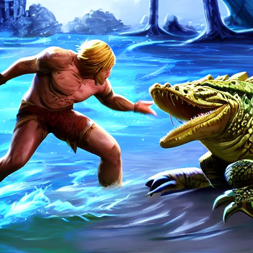 Prompt: league of legends splash art of steve irwin wrestling a crocodile. high rez. digital illusion. digital art. 4 k.