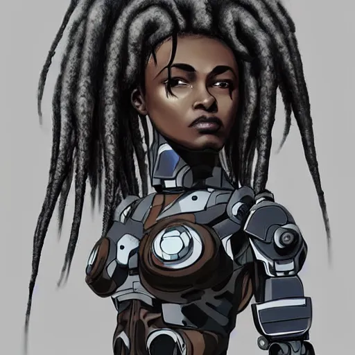 Image similar to a mecha version of an african woman with dreadlocks, with a septum nose ring piercing, very symmetrical, highly detailed, by vitaly bulgarov, by joss nizzi, by ben procter, by steve jung, concept art, quintessa, metal gear solid, transformers cinematic universe, concept art world, pinterest, artstation, unreal engine