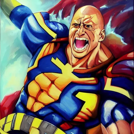 Image similar to an oil painting of dwayne johnson all might from my hero academia by artgerm, 4 k anime, middle ages, hd, hdr, ue 5, ue 6, unreal engine 5, third dimensional, 3 d, disney quality cinematic 4 k wallpaper, 8 k, ultra detailed, gta 5 cover art, high resolution, artstation, award winning