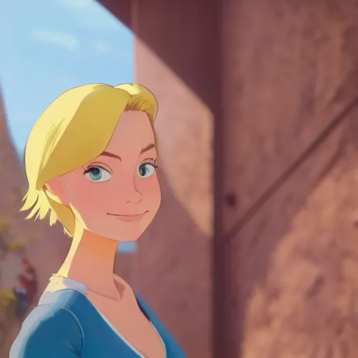 Image similar to a wholesome animation key shot of margot robbie, close up, studio ghibli, pixar and disney animation, sharp, rendered in unreal engine 5, clear sky, anime key art by greg rutkowski, bloom, dramatic lighting