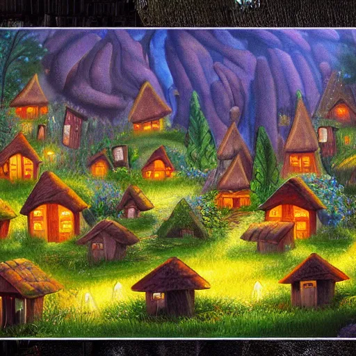 Image similar to village made of mushroom houses with doors and windows in enchanted forest landscape luminescent detailed oil painting 4 k