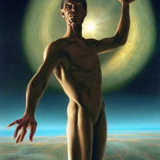 Image similar to a powerful psychic man emitting psychic powers, by peter elson,