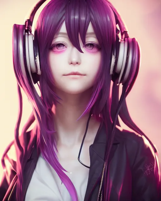 Prompt: beautiful portrait of a woman with pastel long hair with her eyes closed facing the camera with headphones on in the style of a code vein character, momo from twice in code vein in the style of WLOP, artgerm, yasutomo oka, rendered in unreal engine and redshift octane , dynamic dramatic lighting, soft lighting, imagine fx, artstation, cgsociety, by Bandai Namco artist, background is surrounded by epic neon glitch effect digital art