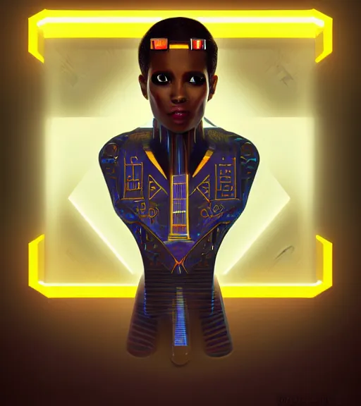 Image similar to symmetry!! egyptian prince of technology, solid cube of light, hard edges, product render retro - futuristic poster scifi, lasers and neon circuits, brown skin man egyptian prince, intricate, elegant, highly detailed, digital painting, artstation, concept art, smooth, sharp focus, illustration, dreamlike, art by artgerm