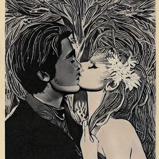 Image similar to 1 9 6 0 s drawing symmetrical pretty elegant brigitte bardot as a vampire kissing alain delon, very detailed intricate!!! intaglio, style of ( takato yamamoto )!!!, moon and stars and flowers tree