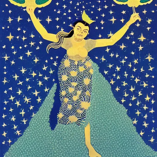 Image similar to perspective pointillism, manichaean artwork by frank stella, by ravi zupa. a experimental art of a woman with wings made of stars, surrounded by a blue & white night sky. the woman is holding a staff in one hand, & a star in the other. she is wearing a billowing dress, & her hair is blowing in the wind.