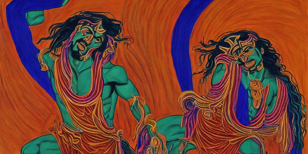 Image similar to an abstract spiritual background, a latino greek god dancing in ecstasy, clear eyes. 2 4 mm, photorealistic, muted color scheme, directed by mati klarwein