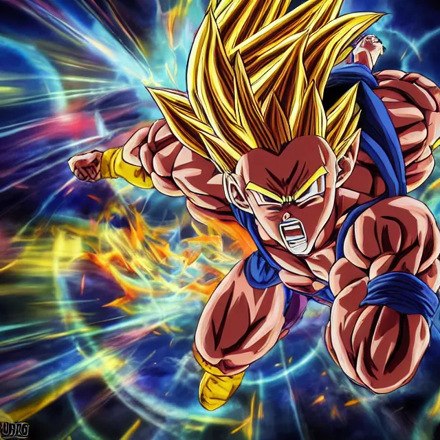 Image similar to muscular anime man powers up going super saiyan in the hyperbolic time chamber, ultrafine hyperrealistic detailed face illustration by kim jung gi, irakli nadar, intricate linework, sharp focus, bright colors, matte, octopath traveler, final fantasy, unreal engine highly rendered, global illumination, radiant light, intricate rainbow environment