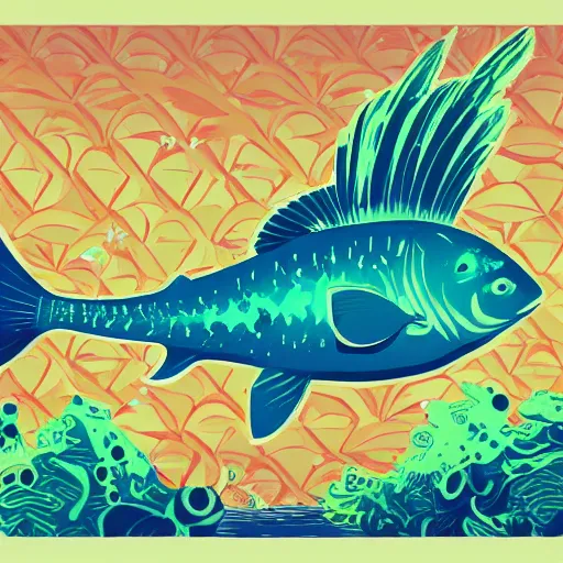 Image similar to one highly stylized fish in the ocean, viewed in profile, seaweed, background with complex patterns, sparkles, artstation, intricate, highly detailed, digital painting, concept art, sharp focus, illustration by tom whalen and charles williams and kilian eng and james jean