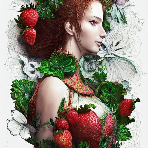 Image similar to the portrait of an absurdly beautiful, graceful, elegant, sophisticated, fashionable woman made of strawberries and green petals looking up, an ultrafine hyperdetailed illustration by kim jung gi, irakli nadar, intricate linework, bright colors, octopath traveler, final fantasy, unreal engine 5 highly rendered, global illumination, radiant light, detailed and intricate environment