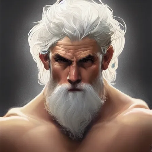 Image similar to david the destroyer, handsome, white hair, soft hair, upper body, muscular, hairy torso, fantasy, intricate, elegant, highly detailed, digital painting, artstation, concept art, smooth, sharp focus, illustration, art by artgerm and greg rutkowski and alphonse mucha