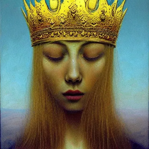 Image similar to teen queen with golden hairs in golden crown, very pale, with blue eyes, painting by Beksinski