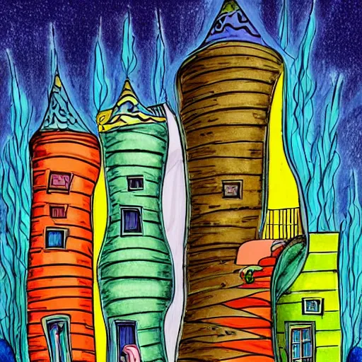 Image similar to a colorful drawing of a house with curved pillars and many floors, a storybook illustration by dr seuss, tumblr, psychedelic art, concept art, storybook illustration, whimsical