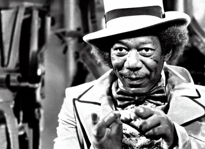 Prompt: a film still of Morgan Freeman as Willy Wonka in Willy Wonka and the Chocolate Factory 1971