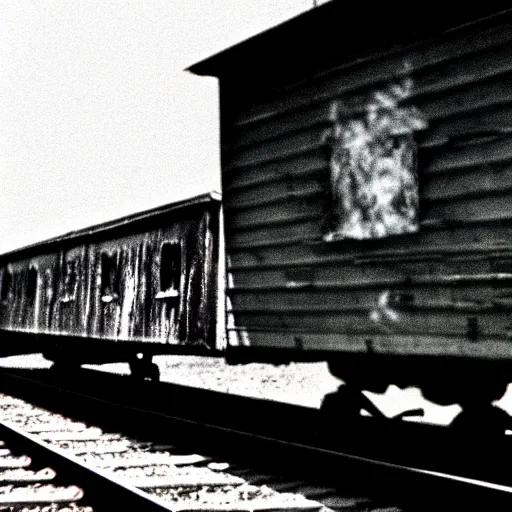 Image similar to the disembodied spirit of a dangerous railroad demon, Boxcar on the railroad, atmospheric and depressed, Cinematic, 35mm, film still from a horror movie