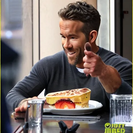 Image similar to ryan reynolds happy after a good breakfast