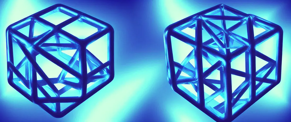 Prompt: hyperrealistic highly detailed metatron's cube rotating mid-air iridescent escher dali matte painting moody blue lighting low angle hd 8k sharp shallow depth of field