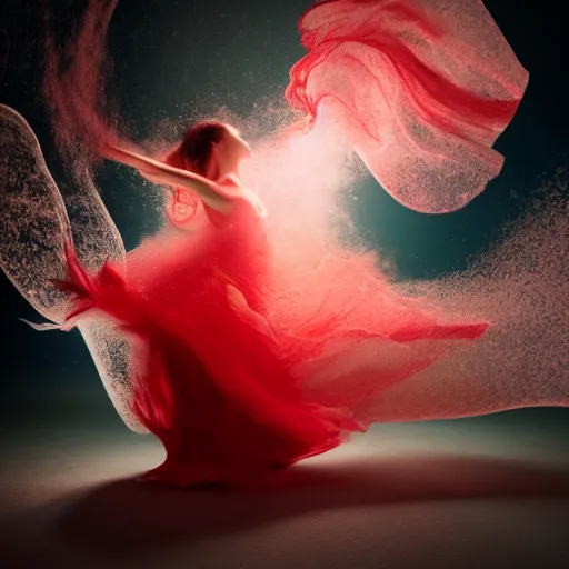 Prompt: manshaped swirling smoke beside woman dancing underwater wearing a flowing red dress made of seaweed, rough coral sea bottom, tiny silver fish in the background, octane render, caustics lighting from above, cinematic