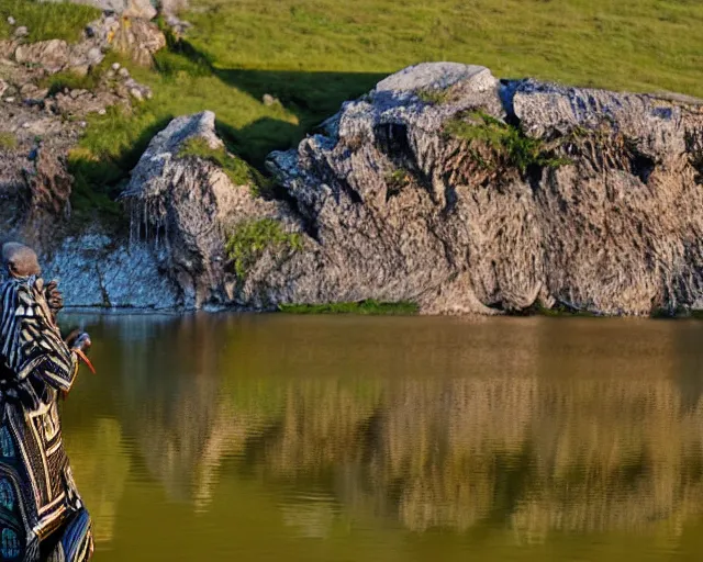 Prompt: wise zulu elder has a sharp line of teeth. my teeth are sharp. there is a lake in the foreground with water reflections.