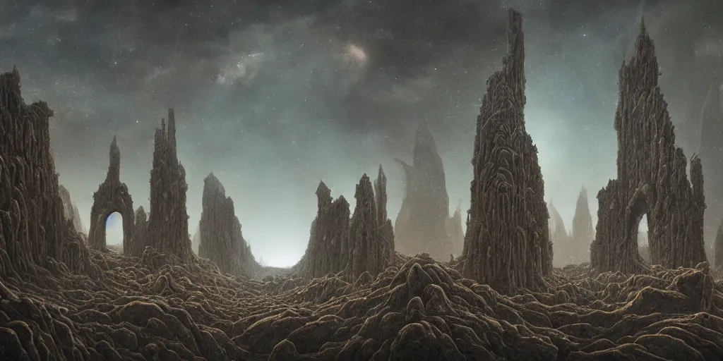 Image similar to epic landscape of tall ancient metallic tombs of doom under deep sky full of stars, uneasy landscape of barren exoplanet gliese, lakes of molten quicksilver among the ruins, inspired by beksinski and cgsociety, hyperdetailed crisp render, trending on artstation