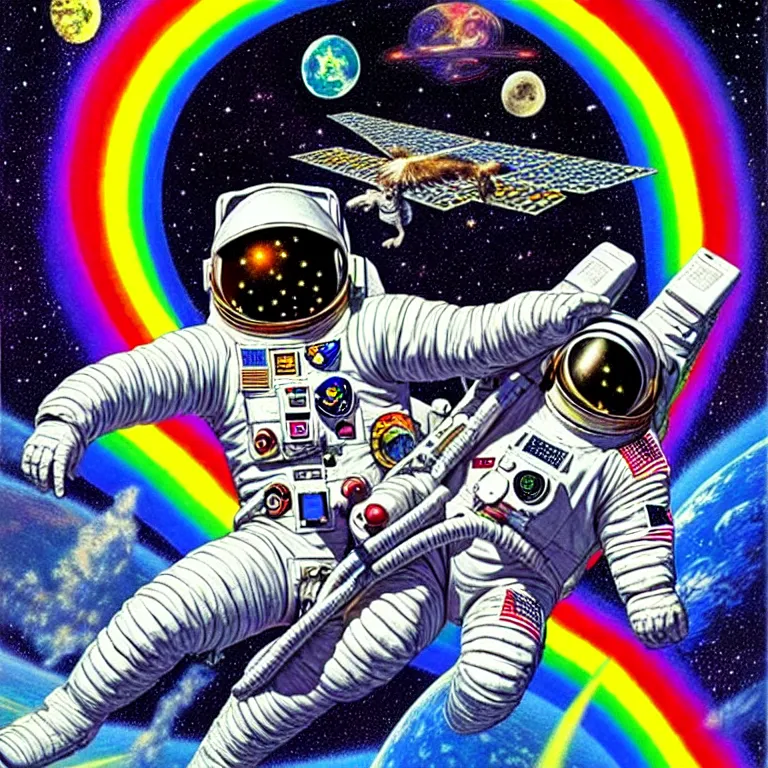 Image similar to by philip caza. astronaut at the rainbow bridge.