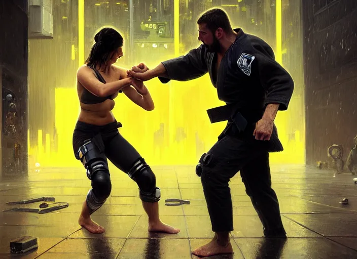 Image similar to jujitsu Maria defeats sgt Nash. Cyberpunk hacker wearing yellow fighting menacing police troopers (blade runner 2049, cyberpunk 2077). armbar. Orientalist portrait by john william waterhouse and James Gurney and Theodore Ralli and Nasreddine Dinet, oil on canvas. Cinematic, hyper realism, realistic proportions, dramatic lighting, high detail 4k