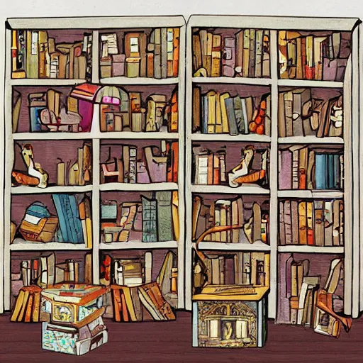 Image similar to enchanted bookshelves, in the style of colin thompson, highly detailed, playful fantasy.