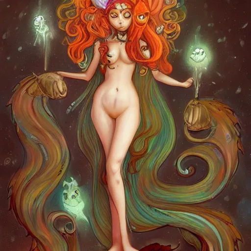 Prompt: cat seahorse mermaid shapeshifter, long-haired humanoid fursona by Peter Mohrbacher and Louis Wain, furaffinity, trending on artstation