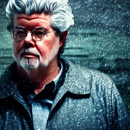 Prompt: george lucas as a cyborg in cyperpunk 2 0 7 7, promo material, movie still, cinematic, photorealistic, extreme detail, sharp focus, 8 k, rain, close up, anamorphic lens, lighting, dark, dystopian, cigarette,