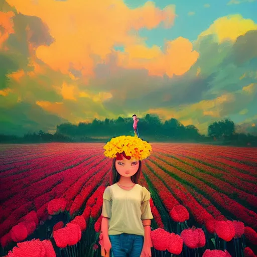 Image similar to giant carnation flower face, girl in a flower field, surreal photography, sunrise dramatic light, impressionist painting, colorful clouds, digital painting, artstation, simon stalenhag, flower face