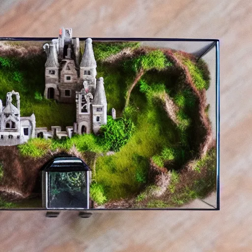 Image similar to aerial photo of castle in a terrarium, sigma 5 0 mm f 1. 4, cinematic macro photography