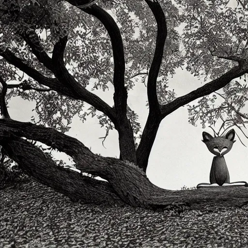 Prompt: realistic photograph of fantastic mr. fox standing under an old oak tree, wes anderson, ansel adams