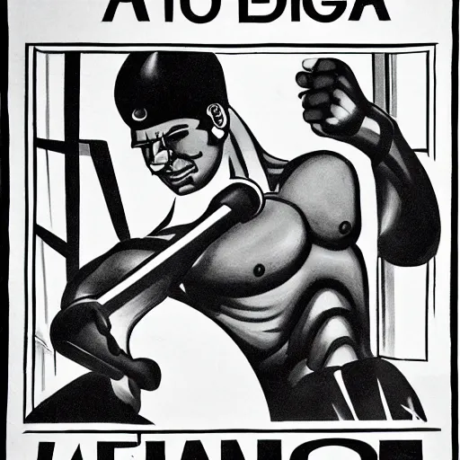 Image similar to propaganda poster of an incredibly muscular man with a sledgehammer cuddling with a robot, sketch, monochrome, bela uitz