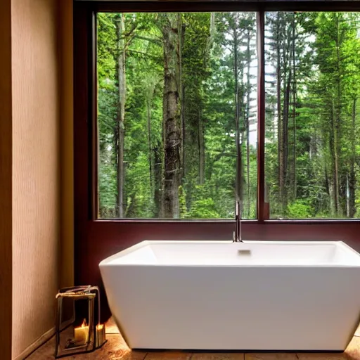 Image similar to close up shot of a bathtub in a small bathroom, bath with candles, large windows outside to a forest at night, interior design